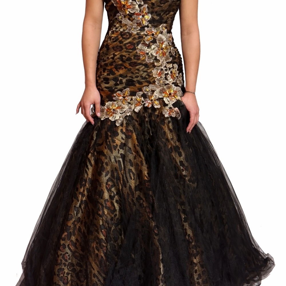 Leopard Print Black and Gold Mermaid Evening Dress